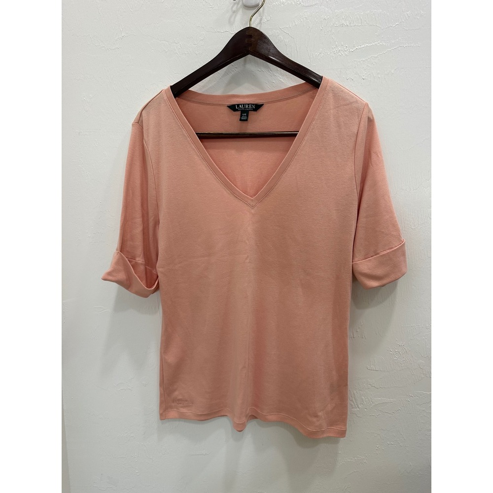 Lauren Ralph Lauren Women Peach Pink V-Neck Cuffed Short Sleeve Cotton Top L